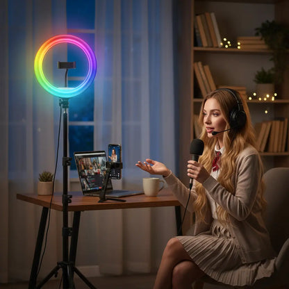 10-Inch Ring Light with Extendable Tripod Stand - 63", 3 Lighting Modes & RGB Colors, Remote Control for Professional TikTok, YouTube Videos, and Live Streaming