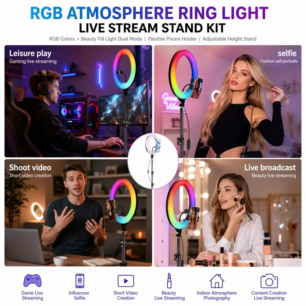 10-Inch Ring Light with Extendable Tripod Stand - 63", 3 Lighting Modes & RGB Colors, Remote Control for Professional TikTok, YouTube Videos, and Live Streaming